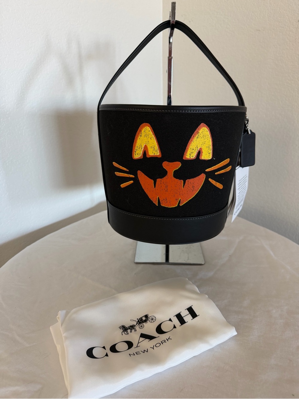 NWT Coach Black Bucket Bag with Halloween Cat Face